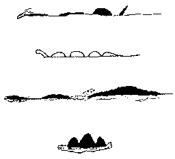 Four sketches of Ogopogo from different vantage points