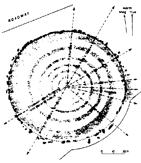 Magnetically located leys and spiral at the Rollright Stones, England.