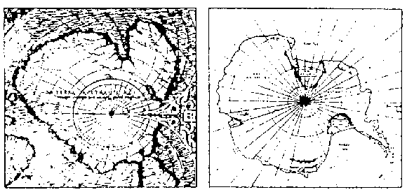 Antarctica, Finaeus map (left) and modern map (right)