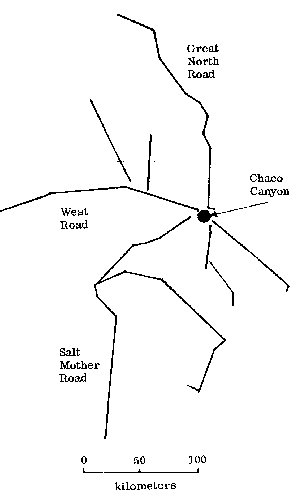 Anasazi roads and projected roads leading to Chaco Canyon