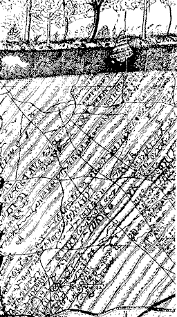 Old drawing of a section of the 'inscribed wall' at Chatata,