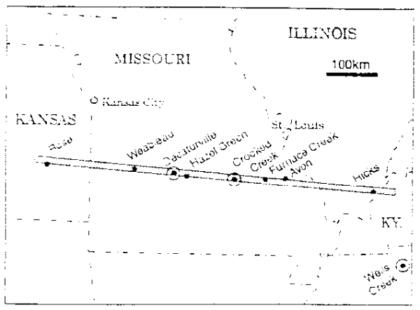 Linear chain of impact structures in the North American Midwest